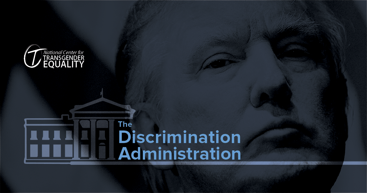 a title graphic that says Discrimination Administration with Trump's face menacingly in the background. 