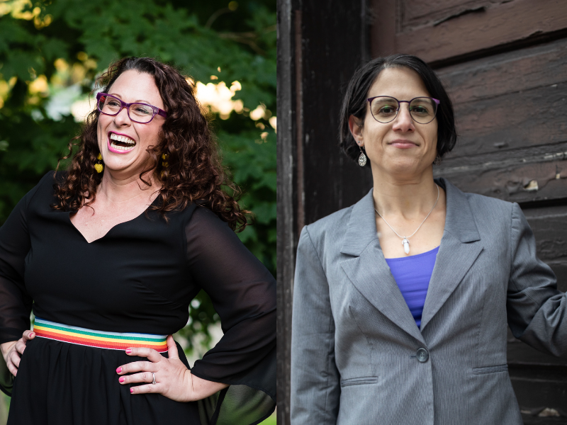 Vanessa Ford is a white cis woman smiling with her hands on her hips, while Rebecca Kling is a white trans women who looks confidently at the camera. 